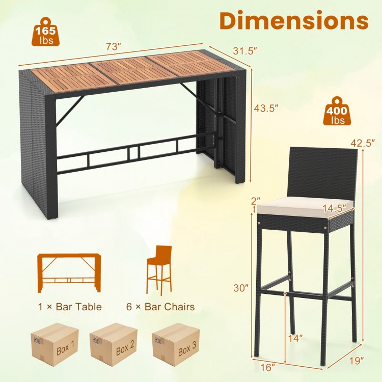 Patio rattan bar set featuring a sturdy metal frame, acacia wood tabletop, and soft seat cushions for outdoor comfort.