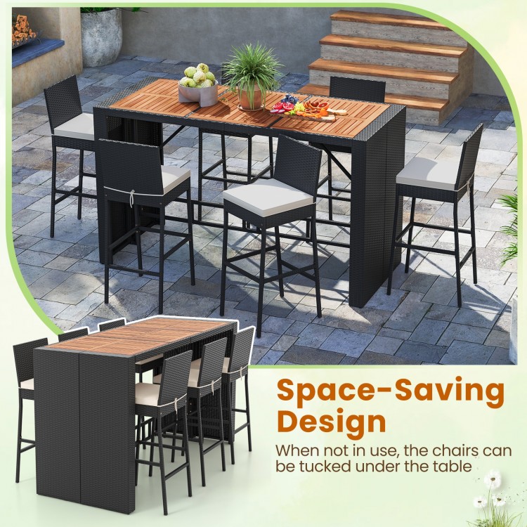 7-piece patio rattan bar set featuring acacia wood tabletop and soft cushions, perfect for space-saving in outdoor.