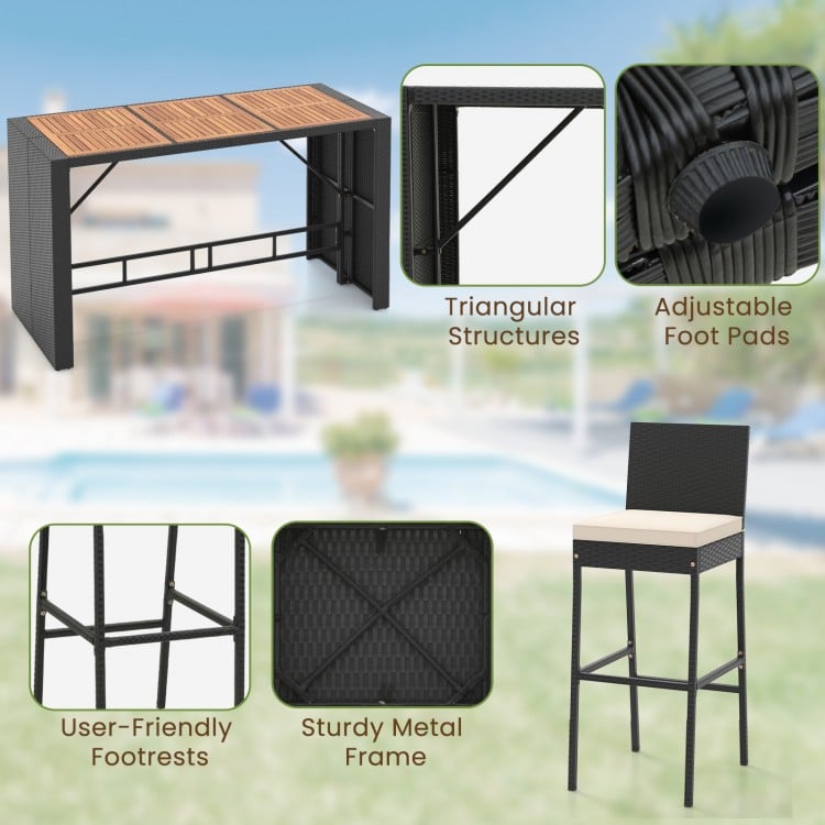Close-up of the sturdy metal frame and triangular structure of the 7-piece patio rattan bar set for outdoor use.