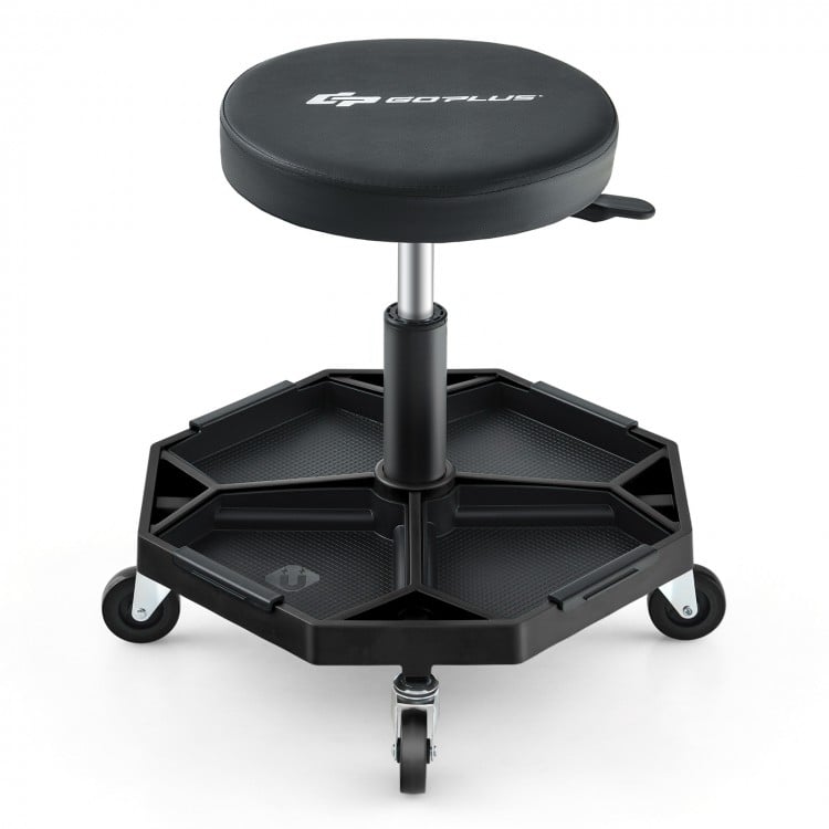 Pneumatic rolling mechanic stool with padded seat, 330 lbs capacity, adjustable height, and large tool tray for.