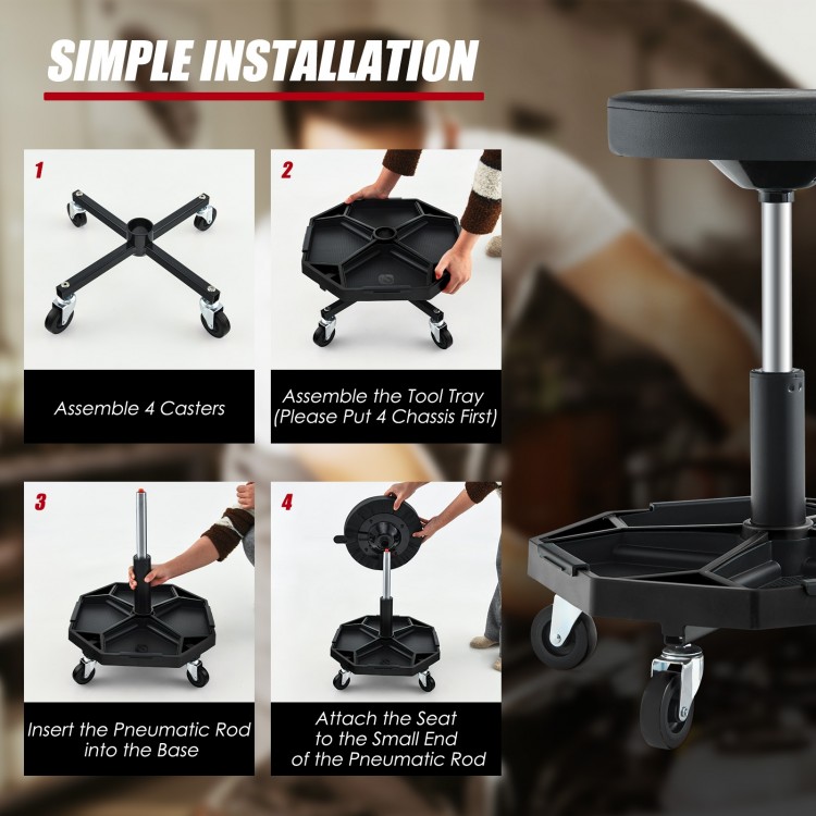 Pneumatic rolling mechanic stool with padded seat, 330 lbs capacity, featuring a large tool tray and 4 universal.