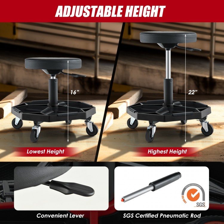 Pneumatic rolling mechanic stool with adjustable height from 16 to 22 inches, padded seat, and large tool tray.