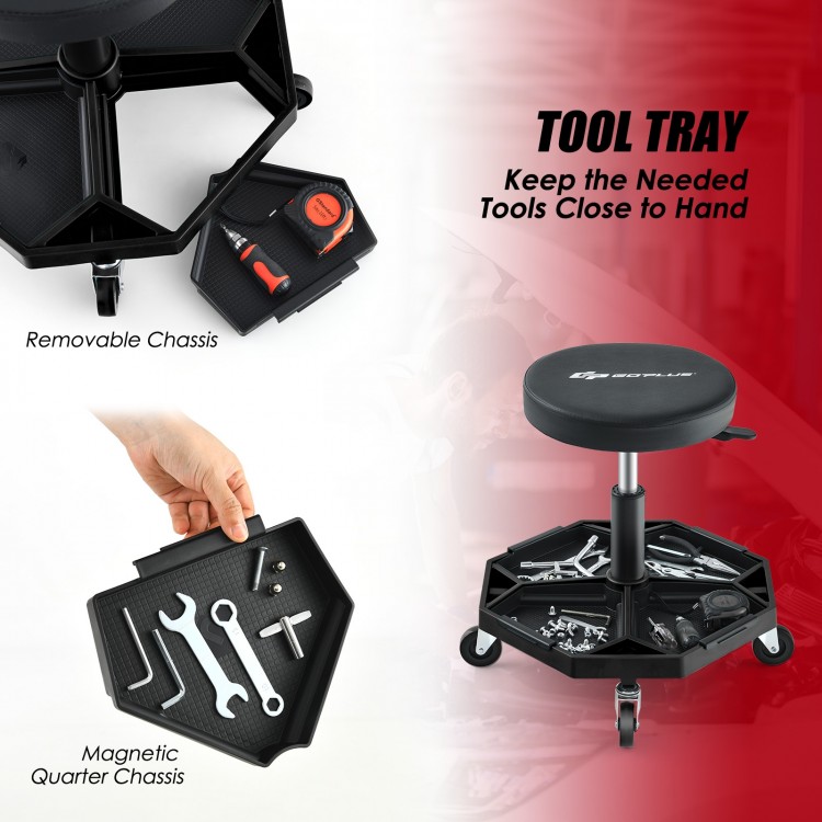 Pneumatic rolling mechanic stool with padded seat and large tool tray, adjustable height, and 360° rotation for.