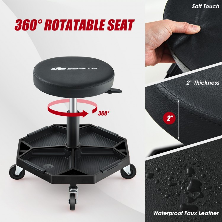 Pneumatic rolling mechanic stool with 360° rotatable padded seat, waterproof faux leather, and 330 lbs capacity.