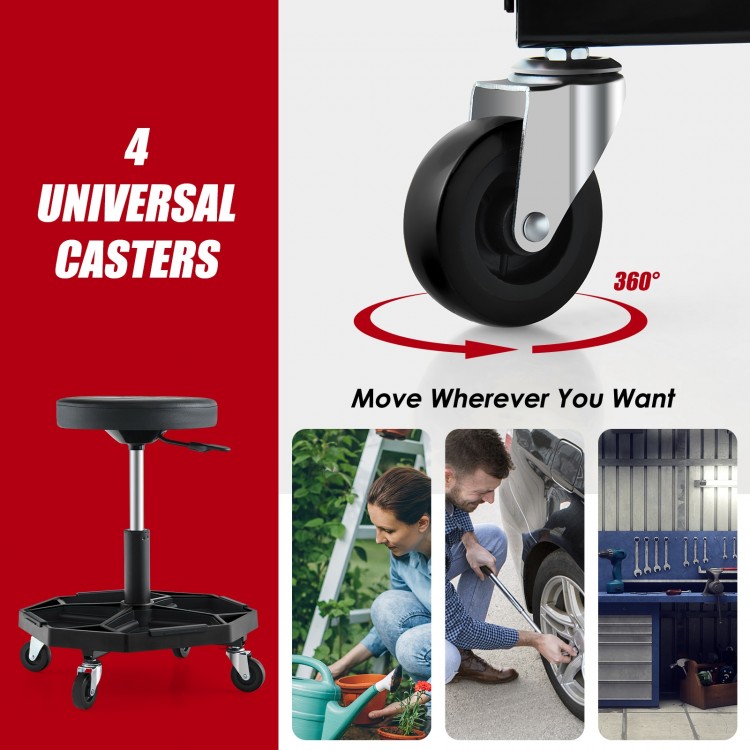 Pneumatic rolling mechanic stool with padded seat and 4 universal casters for easy mobility and tool storage.
