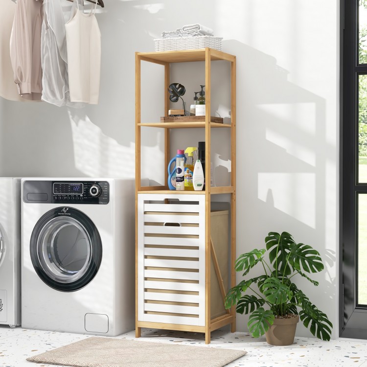 3-tier bamboo laundry hamper with tilt-out front and storage shelves, perfect for organizing laundry and toiletries.