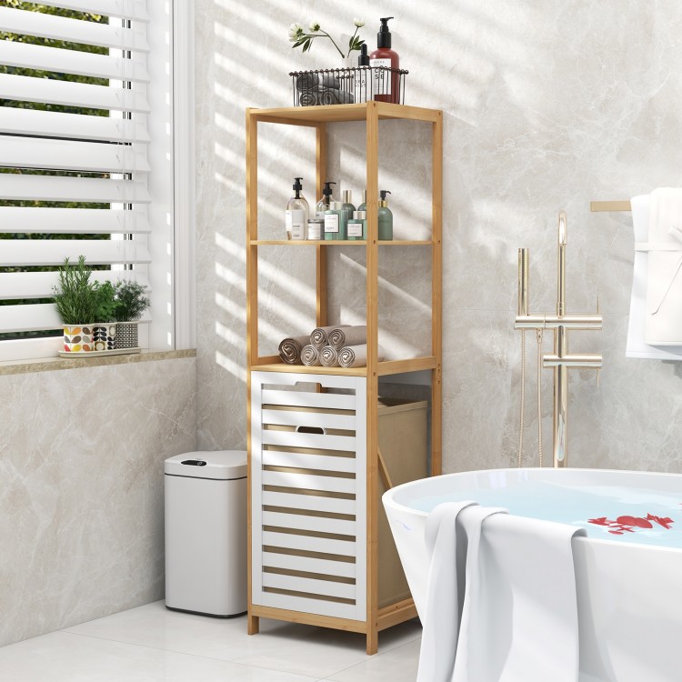 3-tier bamboo laundry hamper with tilt-out design and storage shelves, perfect for organizing towels and toiletries.