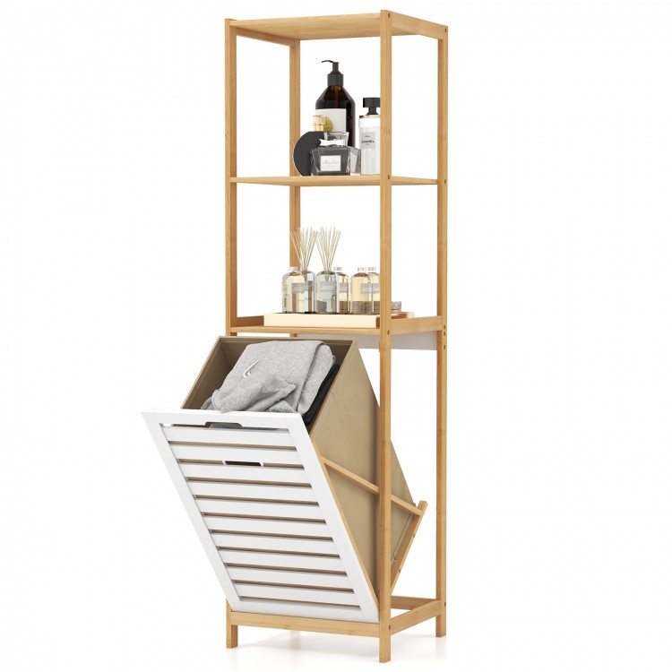 3-tier bamboo laundry hamper with tilt-out design and storage shelves, ideal for laundry rooms and bathrooms.