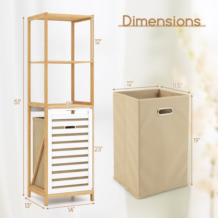 3-tier tilt-out laundry hamper with storage shelves in natural and white, featuring a detachable basket and compact.