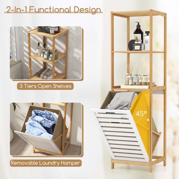 3-tier bamboo laundry hamper with removable basket and open shelves, ideal for laundry rooms and bathrooms.
