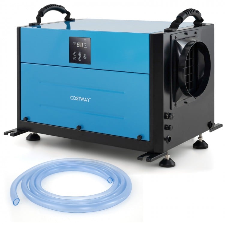 155 pint crawl space dehumidifier in blue with adjustable feet, control panel, and drainage options for versatile use.