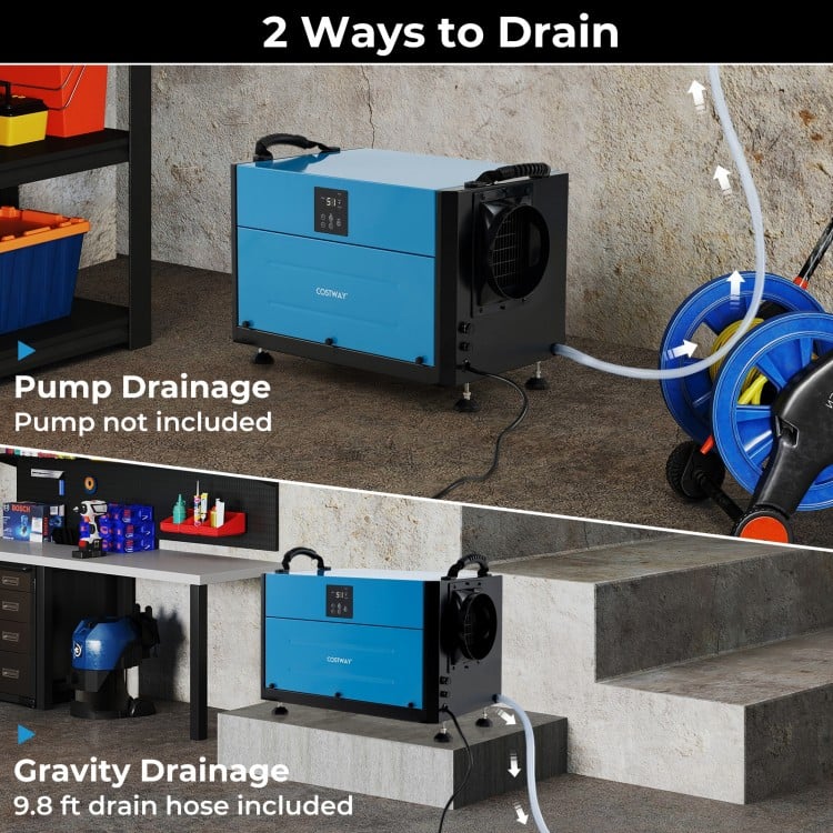 155 pint crawl space dehumidifier showing pump and gravity drainage options, ideal for basements and garages.