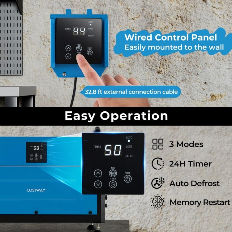 Wired control panel for the 155 Pint Crawl Space Dehumidifier, featuring a 24H timer and three operation modes.