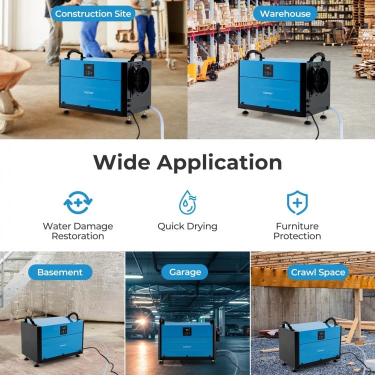 155 pint crawl space dehumidifier in blue, featuring adjustable feet and 3 modes for effective humidity control.