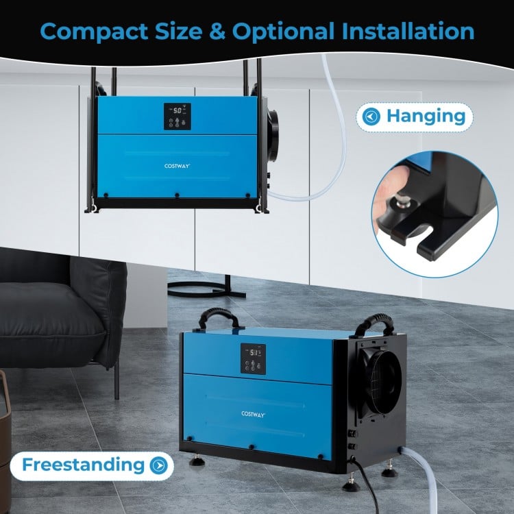 155 pint crawl space dehumidifier in blue, featuring compact design, adjustable feet, and options for hanging or.