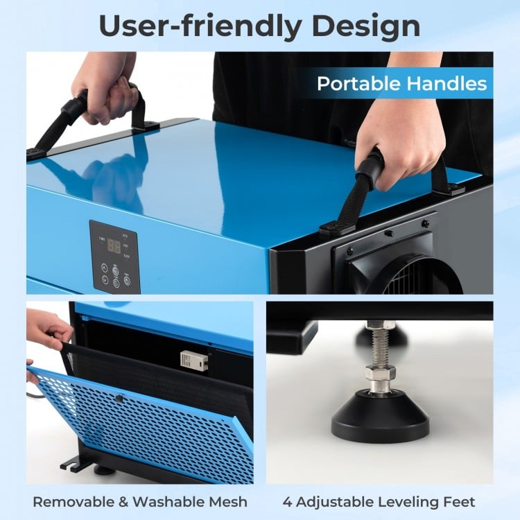 Portable handles and adjustable feet of the blue 155 Pint Crawl Space Dehumidifier for easy transport and stability.