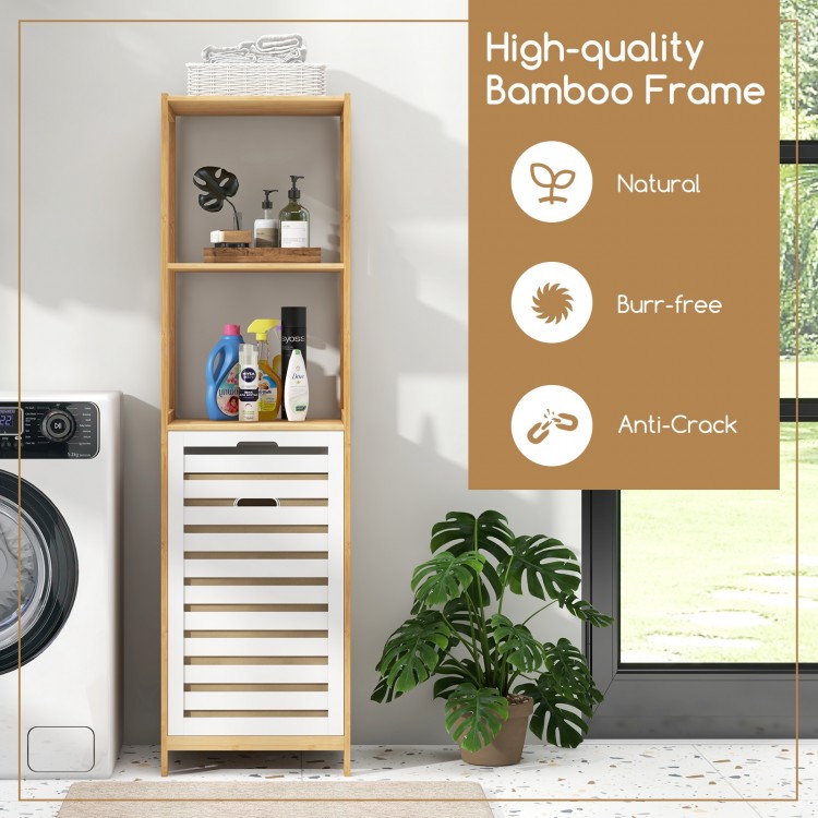 3-tier tilt-out laundry hamper in natural bamboo and white, featuring storage shelves for easy access in laundry rooms.