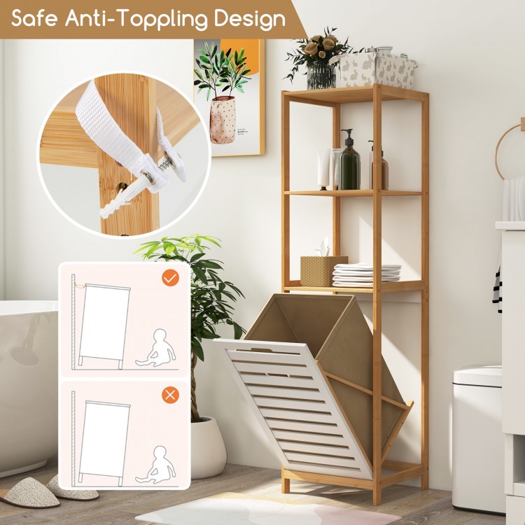 3-tier tilt-out laundry hamper in natural and white with storage shelves, featuring an anti-toppling design for safety.