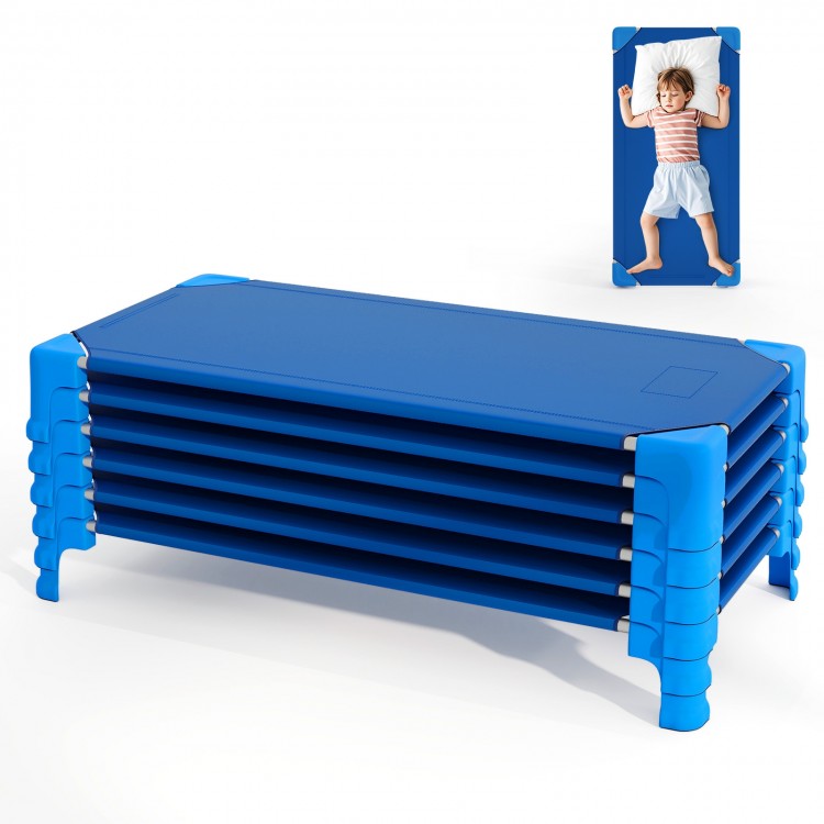 Stackable blue daycare cots for kids, featuring sturdy metal pipes and non-slip foot pads, ideal for home or.