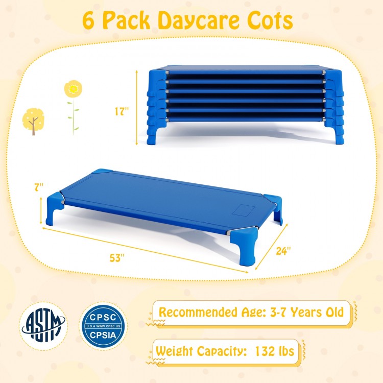 Blue stackable daycare cots for kids, 53 inches long, with sturdy metal structure and non-slip foot pads for stability.