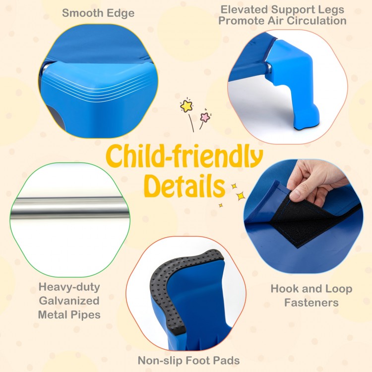 Stackable blue daycare cots with smooth edges, non-slip foot pads, and elevated support legs for kids' safety and.