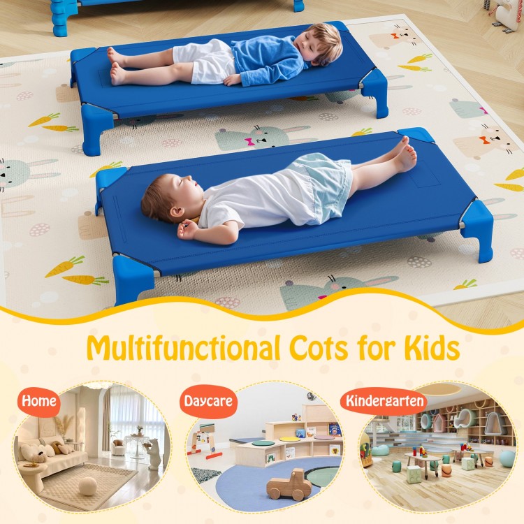 Two kids resting on portable blue daycare cots, featuring sturdy metal pipes and non-slip foot pads for stability.
