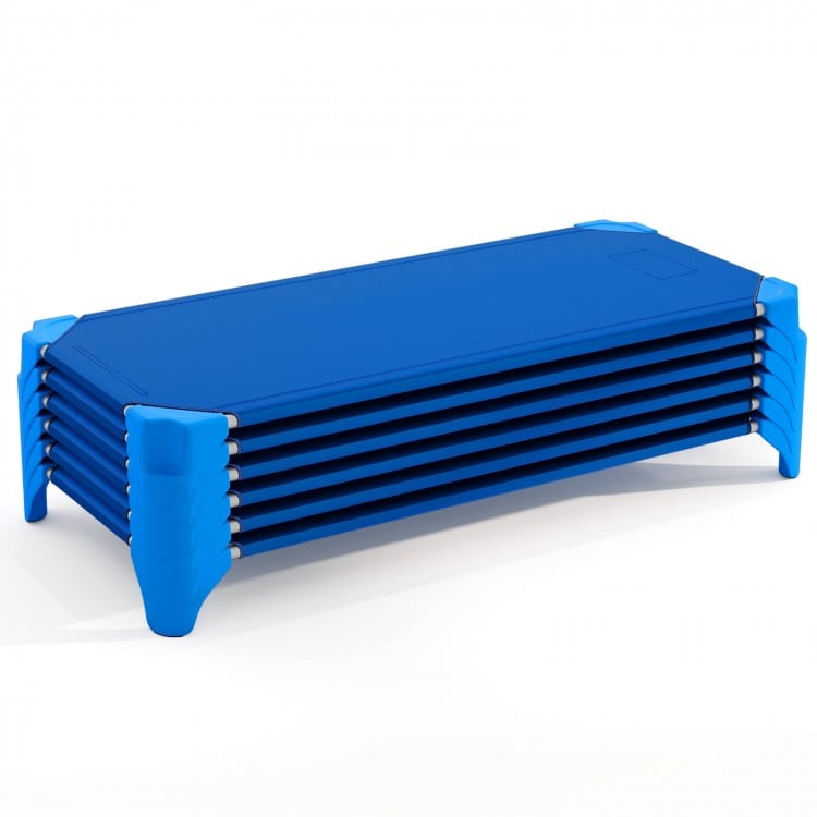 Stackable blue daycare cots for kids, featuring sturdy metal pipes and non-slip foot pads for stability and safety.