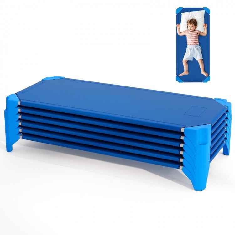 Blue portable stackable daycare cots for kids, featuring sturdy metal pipes and non-slip foot pads for stability.