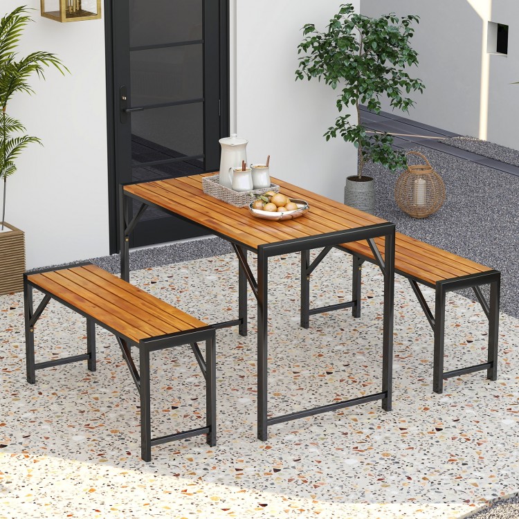 Rectangular patio dining set with acacia wood table and two benches, perfect for outdoor gatherings.