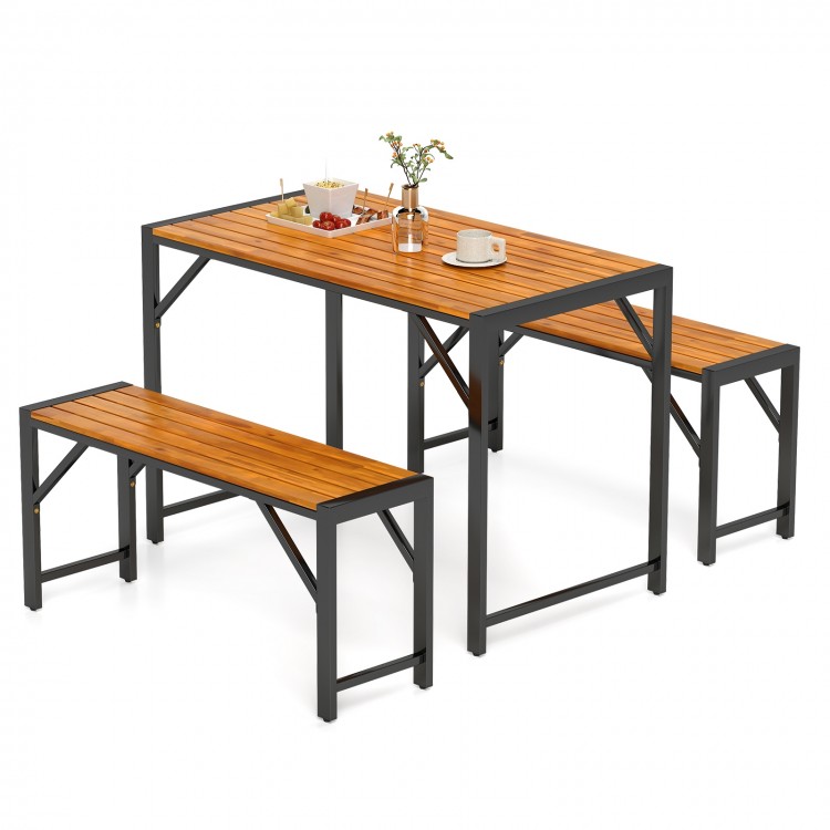 Rectangular patio dining set with solid acacia wood table and 2 benches, suitable for 4 people, ideal for outdoor use.