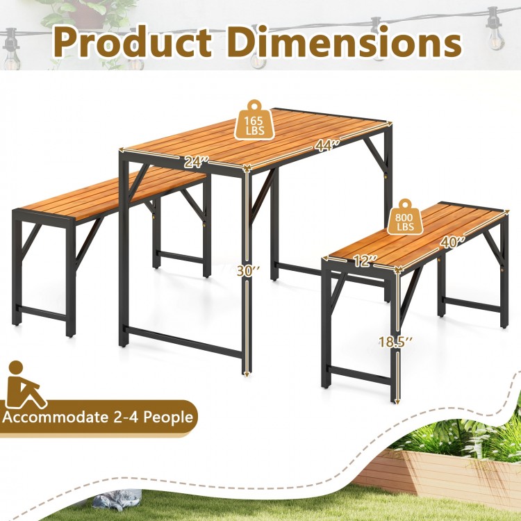 Product dimensions of a 3-piece patio dining set with acacia wood table and benches, accommodating 2-4 people.