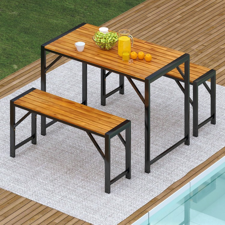 Rectangular patio dining set with acacia wood table and two benches, perfect for outdoor dining for four people.
