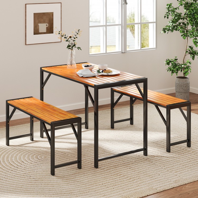 Rectangular patio dining set with acacia wood table and two benches, suitable for four people, ideal for outdoor use.