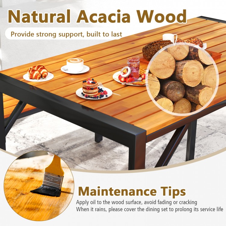 Rectangular acacia wood dining table with two benches, designed for outdoor use, providing strong support for 4 people.