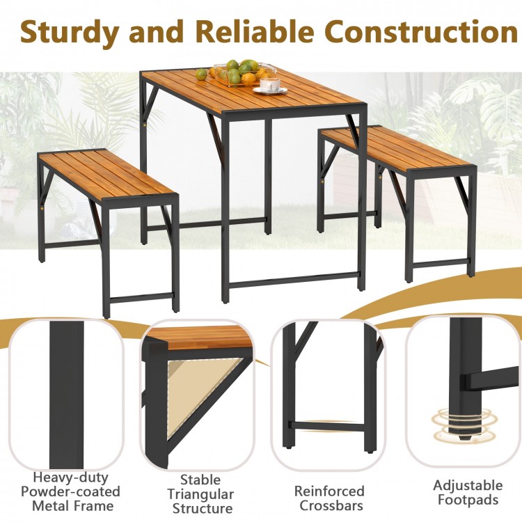 Rectangular patio dining set with acacia wood table and two benches, designed for 4 people, featuring adjustable.