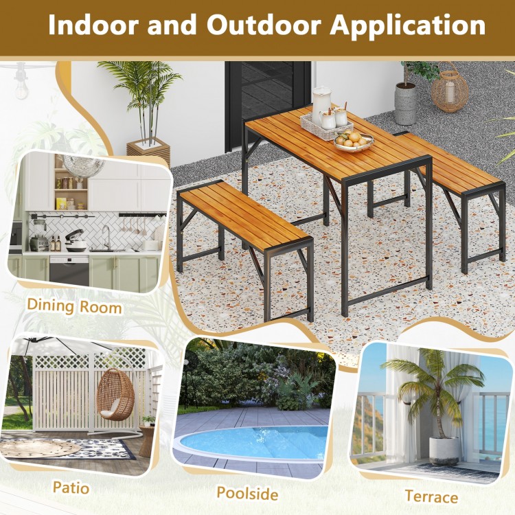 Rectangular patio dining set with acacia wood table and 2 benches, perfect for 4 people, suitable for outdoor use.