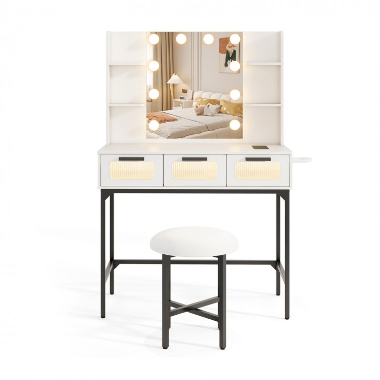 Bedroom makeup vanity desk in white with Hollywood mirror, LED lights, and three drawers for organized beauty.