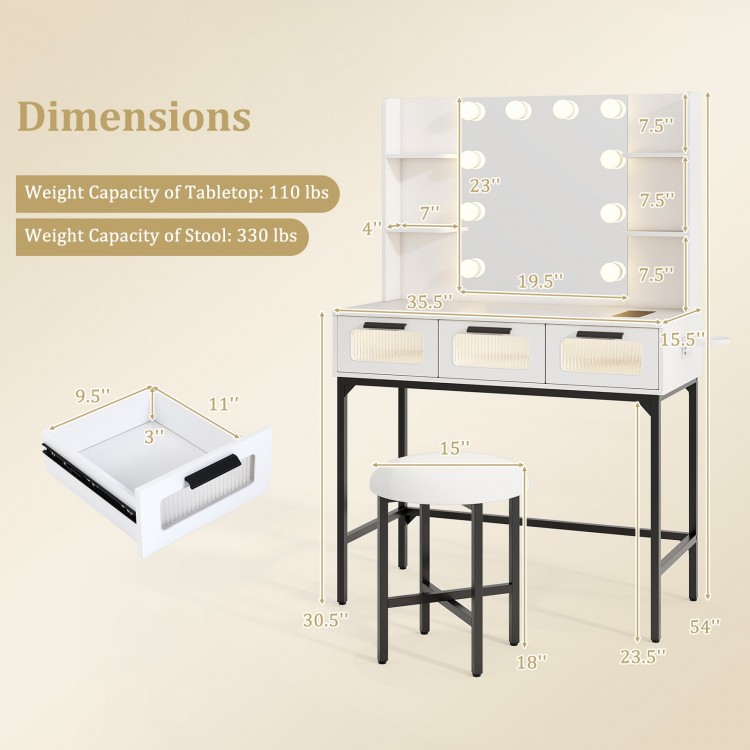 Bedroom makeup vanity desk with Hollywood mirror, adjustable LED lights, and three pull-out drawers for organization.