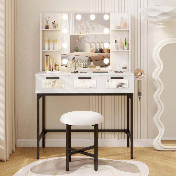 Bedroom makeup vanity desk in white with Hollywood mirror, adjustable LED lights, and 3 pull-out drawers for.