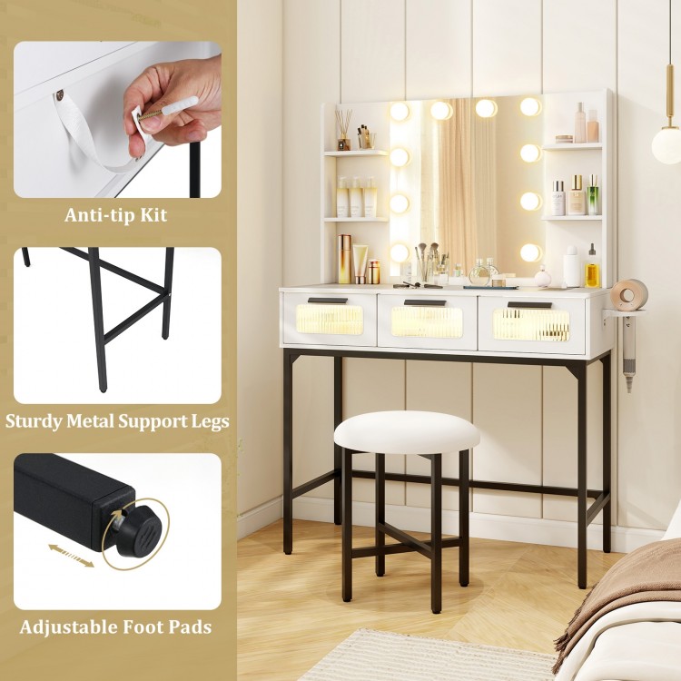 Bedroom makeup vanity desk in white with Hollywood mirror, LED lights, and 3 pull-out drawers for organized beauty.