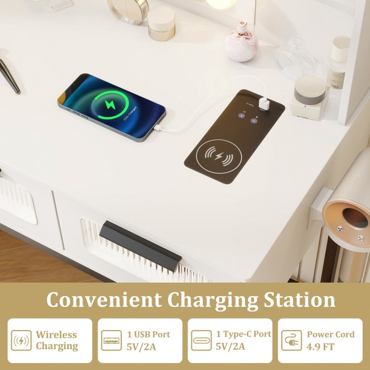 Convenient charging station on the white bedroom vanity desk with USB and Type-C ports for easy device charging.