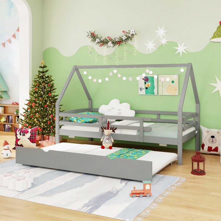 Twin house bed in gray with trundle and fence rail, perfect for children's rooms and sleepovers.