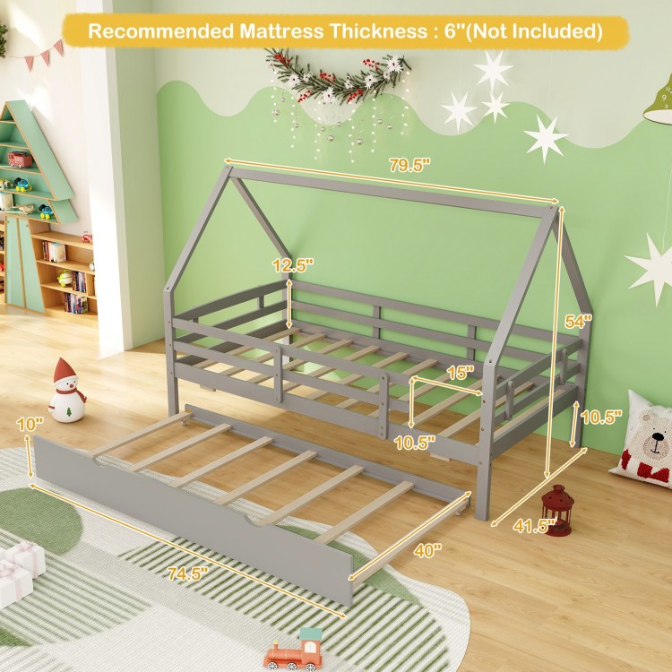 Twin house bed in gray with trundle, featuring protective fences and sturdy slats, perfect for children's rooms.