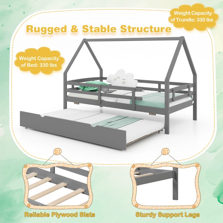 Twin house bed in gray with trundle, sturdy plywood slats, and protective fence rails for children's safety and comfort.