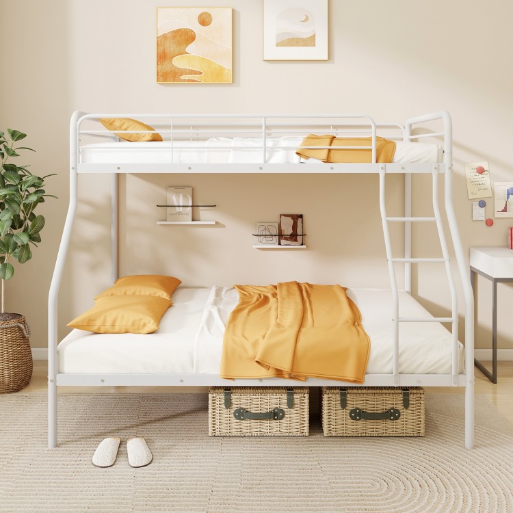 Twin over full bunk bed in white with integrated ladder, full-length guardrails, and ample under-bed storage for small.