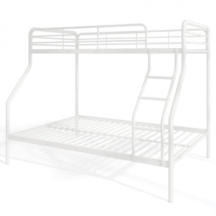 Twin over full bunk bed in white featuring a sturdy metal frame and noise-free design, perfect for teens and adults.