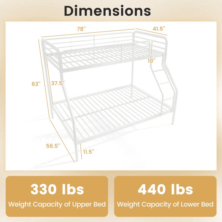 Dimensions of the Twin Over Full Bunk Bed with Ladder, showcasing weight capacities of 330 lbs and 440 lbs.
