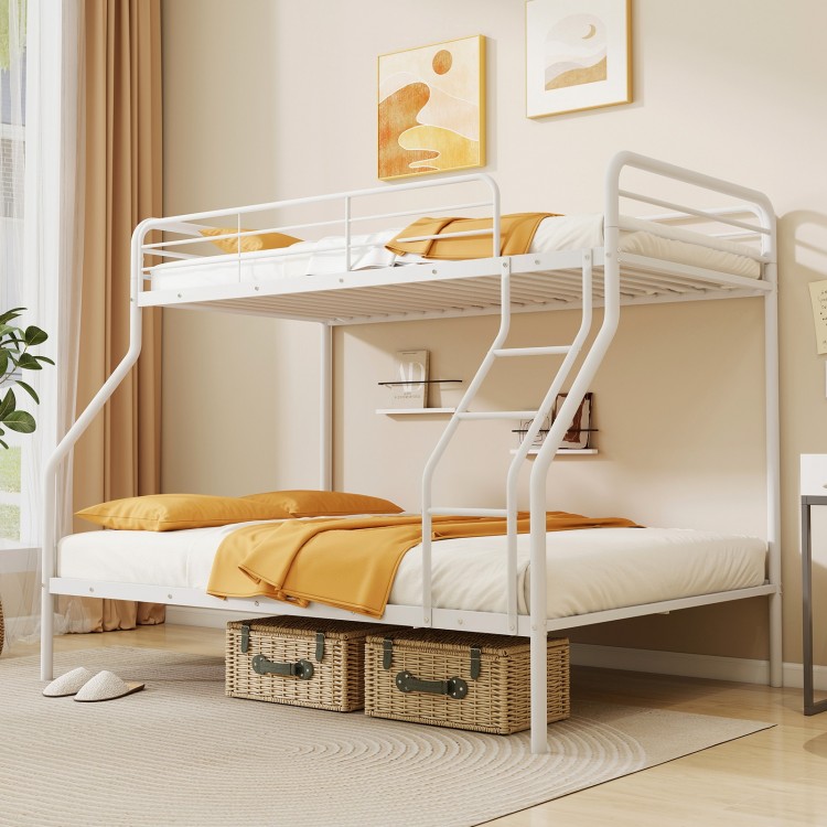 Twin over full bunk bed in white featuring strong metal construction, non-slip foot pads, and a space-saving vertical.