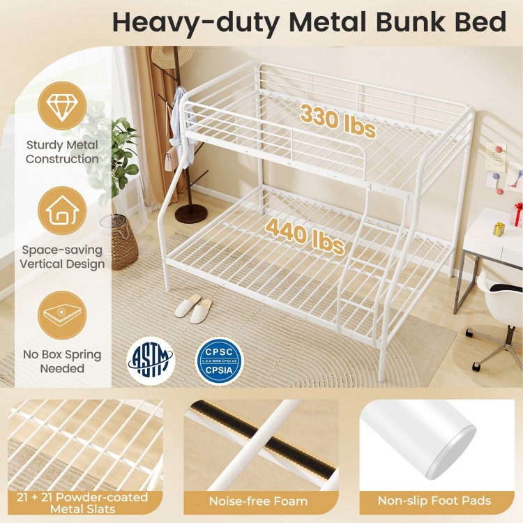 Twin over full metal bunk bed in white with ladder, guardrails, and space-saving design for small rooms.