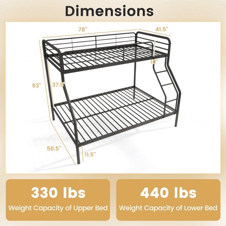 Twin over full bunk bed in black with dimensions, weight capacities, and integrated ladder for safe access.